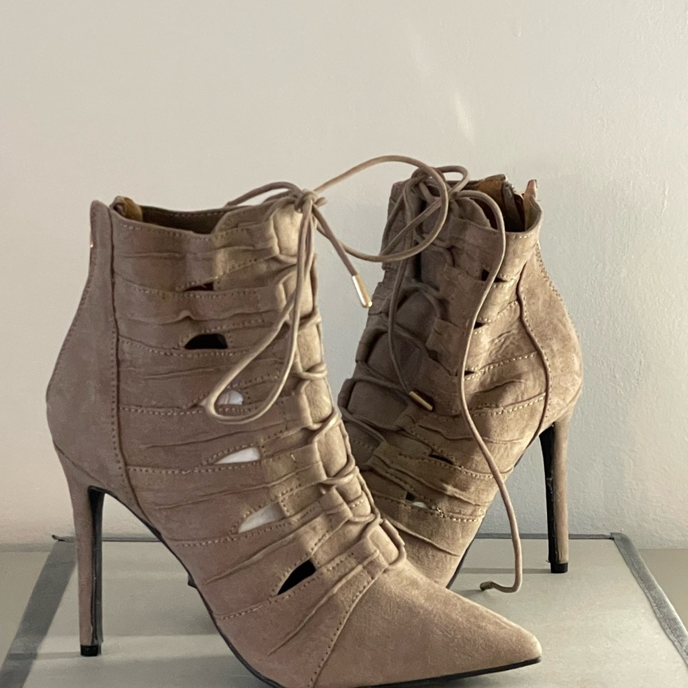 Anne Michelle Tan Lace-Up Heeled Booties
